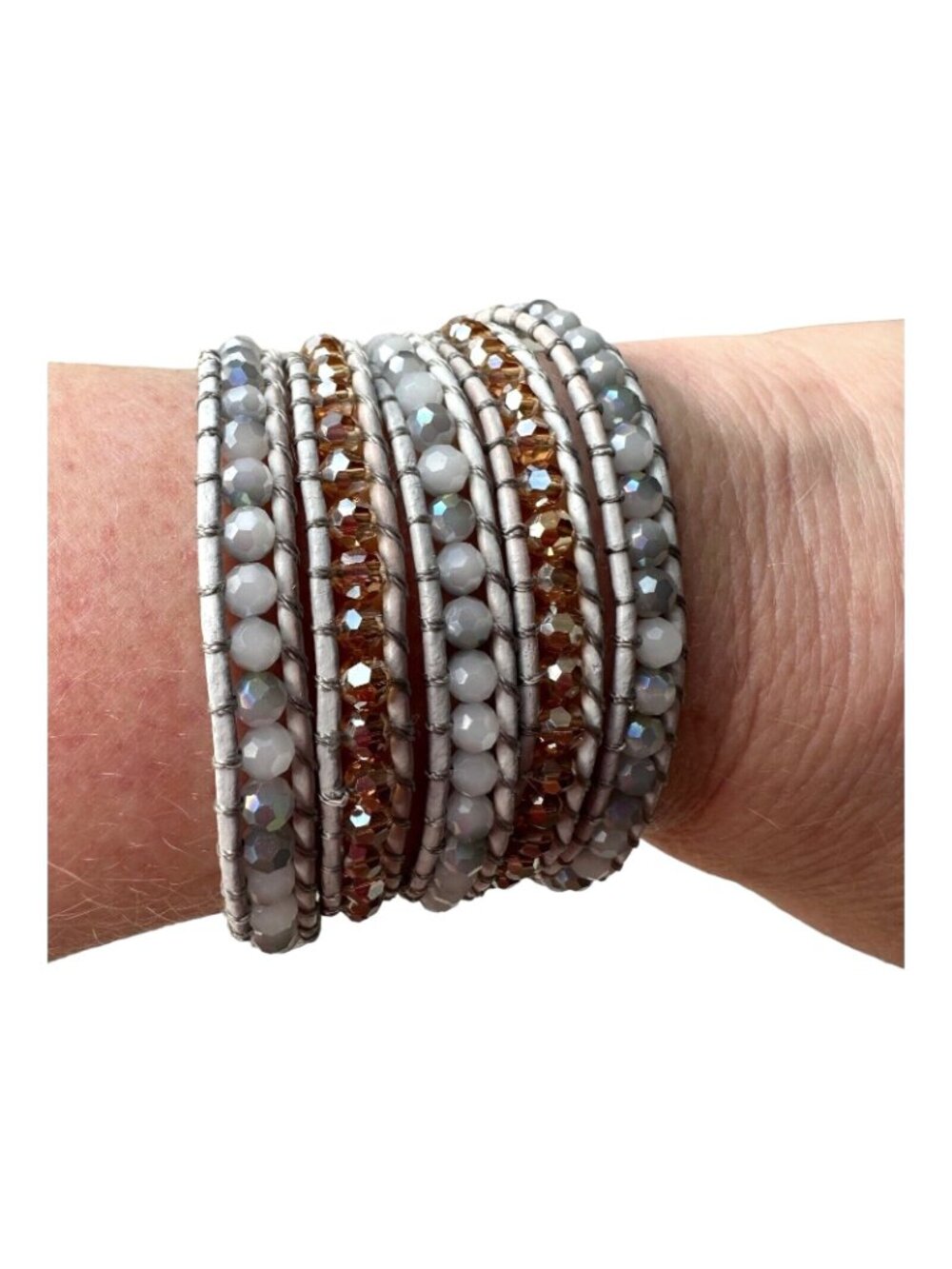 Victoria Emerson Leather Wrap Bracelet Quartz Crystal Beads 36" White Rose Gold - Picture 2 of 16